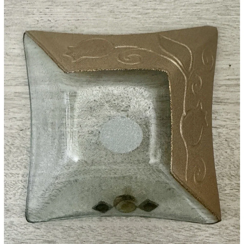 Lily Art Israel Handmade Glass Dish Pomegranate Design Gold Accents w/ Label